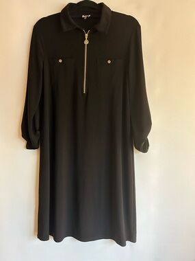 ANNE KLEIN BLACK KNIT POLYESTER GOLD TONE HARDWARE QUARTER ZIP SHIRT DRESS 10